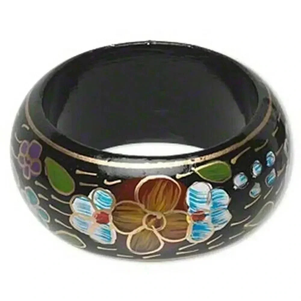 Hand Painted Chunky Teak Wood Bangle Bracelet Black and Multi Flowers India
